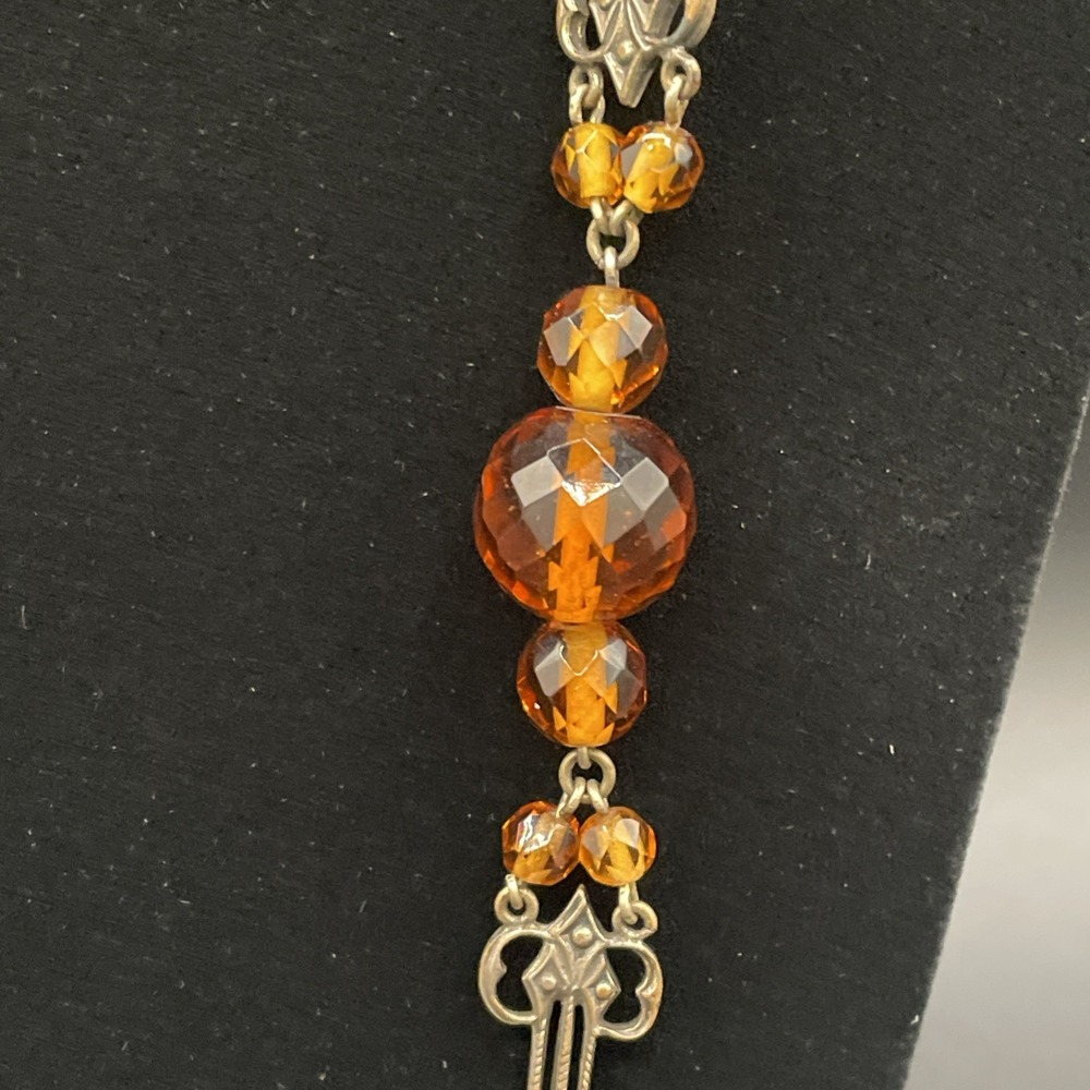 Antique c1920's Art Deco Czech Amber Glass Brass Filigree Flapper Necklace 40" - Picture 8 of 11